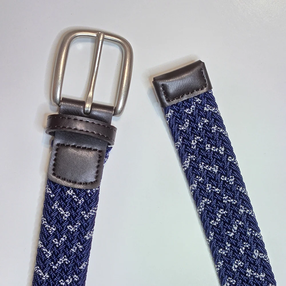 Stylish Woven Knit Navy Blue, White and Brown Men's Belt Stretch Braided Elastic